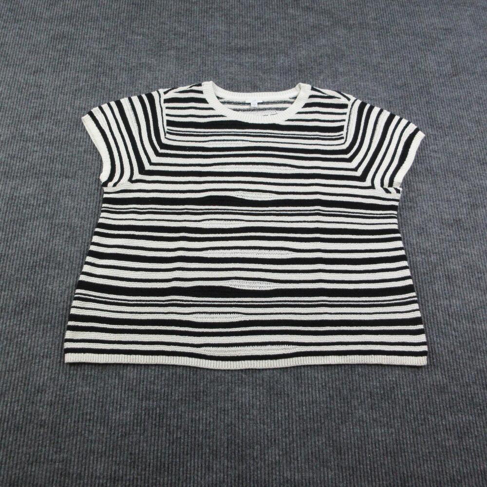 J. Jill Sweater Womens 3X Cream Black Short Sleeve Open-Knit Crew Pullover NWT